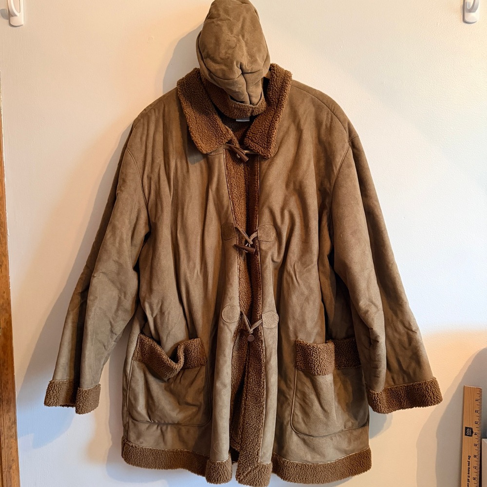 VTG Brownstone Studio‎ New York 3X Brown Faux Suede Sherpa Toggle Coat with Hat